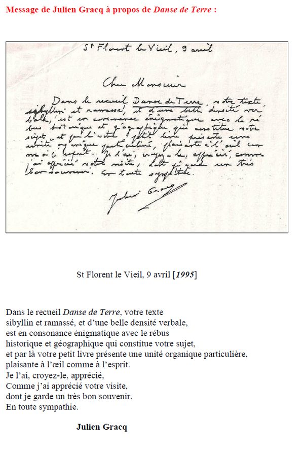 Message de Julien Gracq à propos de Danse de Terre