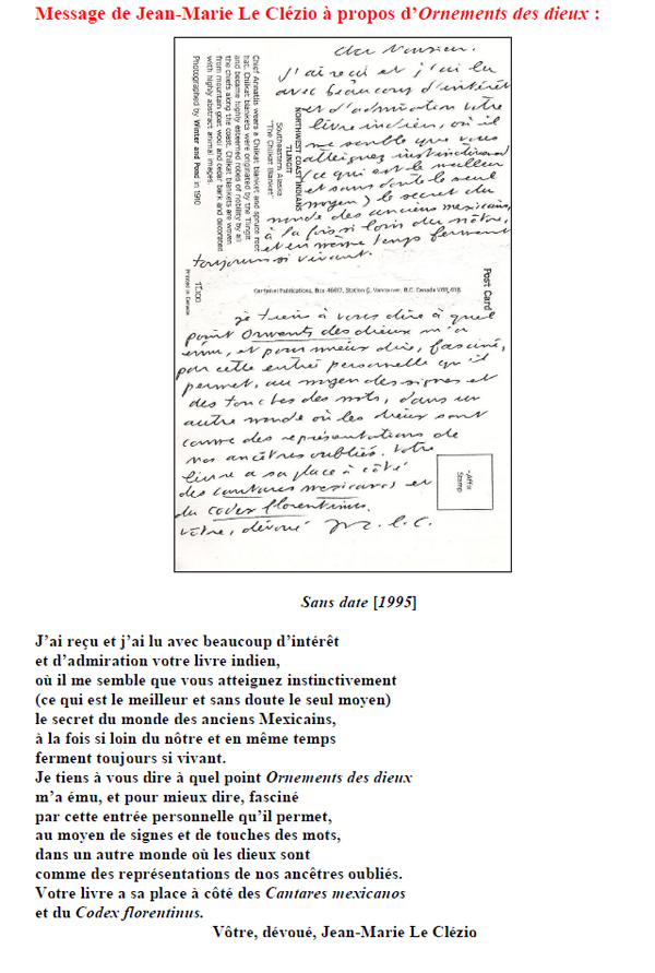 Message de Jean-Marie Le Clézio à propos d’Ornements des dieux