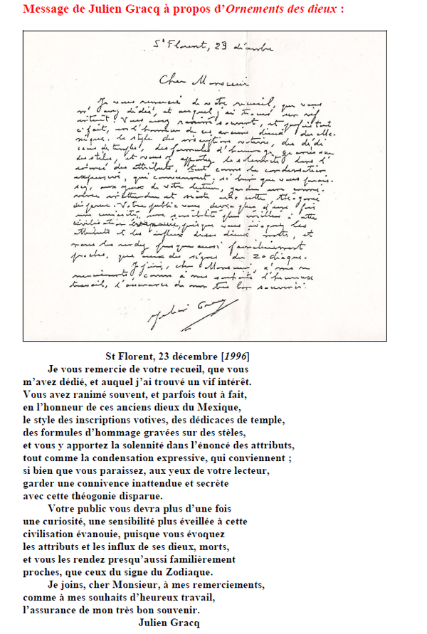 Message de Julien Gracq à propos d’Ornements des dieux