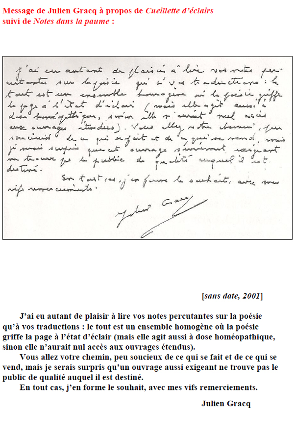 Message de Julien Gracq à propos de Cueillette d’éclairs