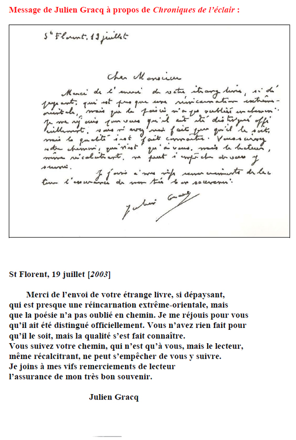Message de Julien Gracq à propos de Chroniques de l’éclair 