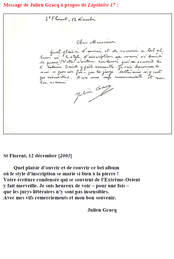 Message de Julien Gracq à propos de Chroniques de l’éclair 