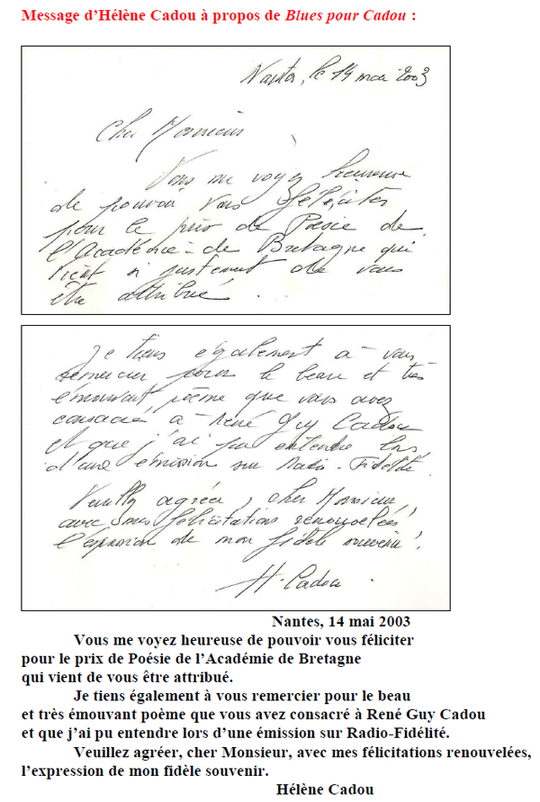 Message d’Hélène Cadou à propos de Blues pour Cadou