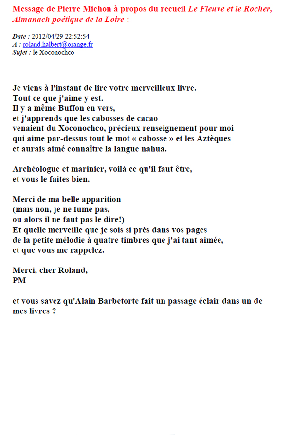 Message de Pierre Michon à propos du recueil Le Fleuve et le Rocher,